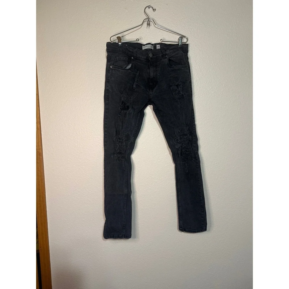 Evolution In Design Mens Black Distressed Ripped Denim‎ Slim Jeans 36x32